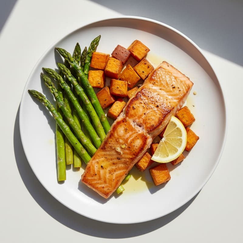 Seared Salmon Fillet with Roasted Asparagus and Sweet Potato