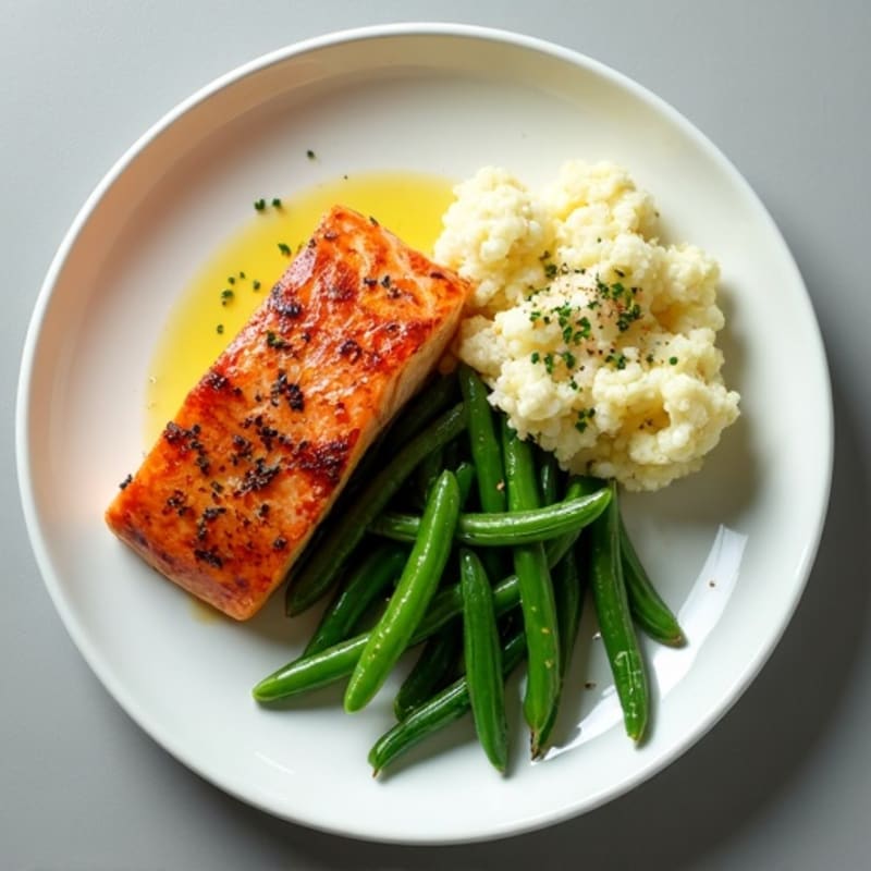Seared Salmon with Garlic Green Beans and Mashed Cauliflower