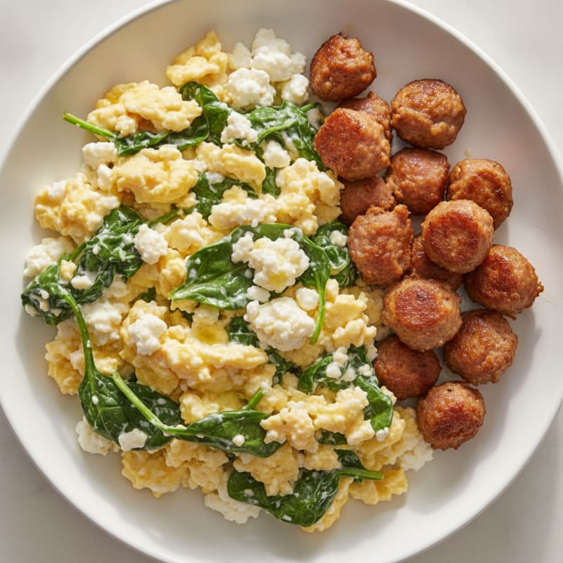 Creamy Cottage Cheese Scramble with Spinach and Turkey Sausage