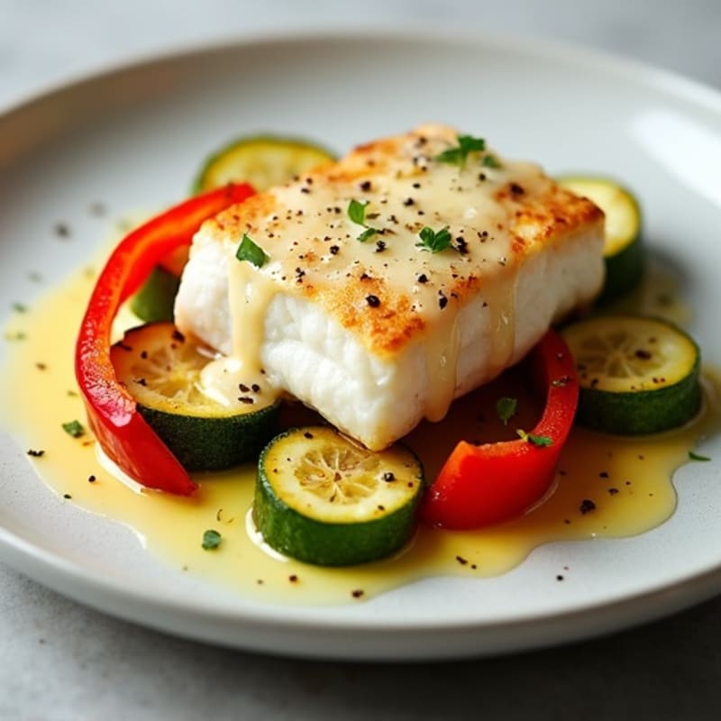 Seared Cod Fillet with Roasted Vegetables and Light Cheese Sauce