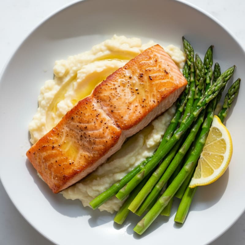 Seared Salmon with Steamed Asparagus and Garlic Cauliflower Mash