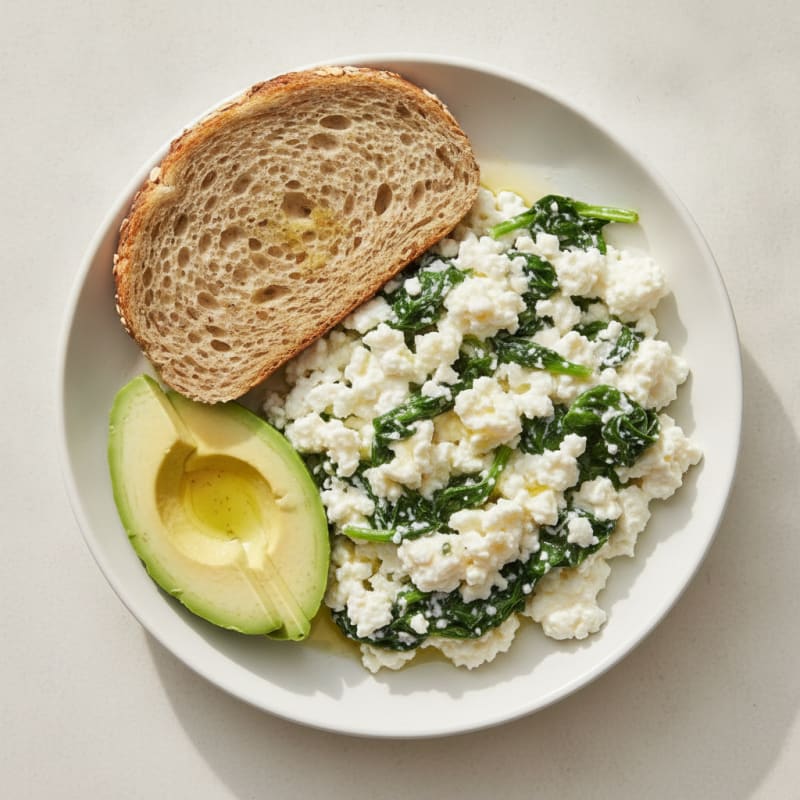 Scrambled Egg Whites with Cottage Cheese and Sautéed Spinach
