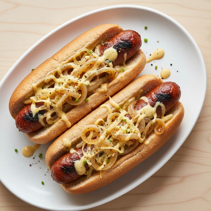 Grilled Beef Hot Dog with Caramelized Onions