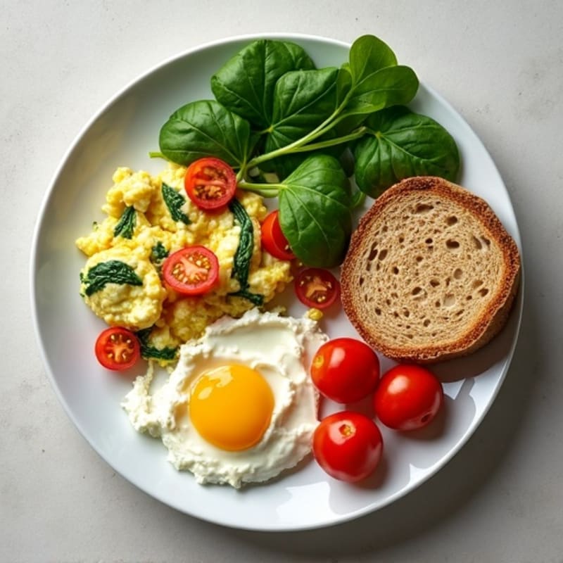 Egg White and Spinach Scramble with Cottage Cheese and Cherry Tomatoes
