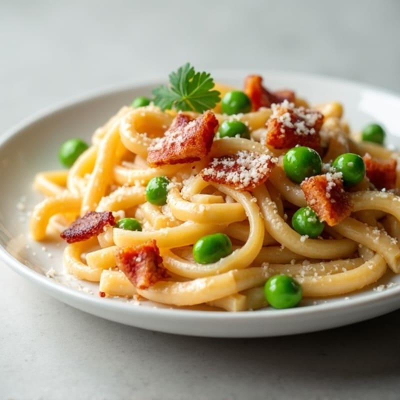 Creamy Whole Wheat Pasta with Crispy Turkey Bacon and Green Peas