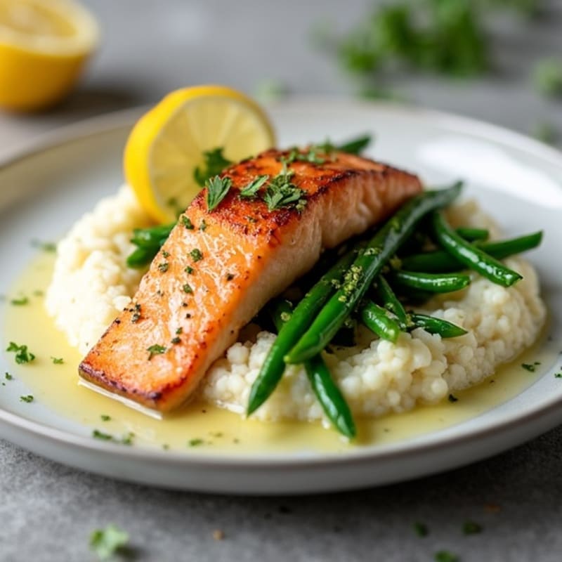 Seared Salmon with Garlic Green Beans and Cauliflower Mash