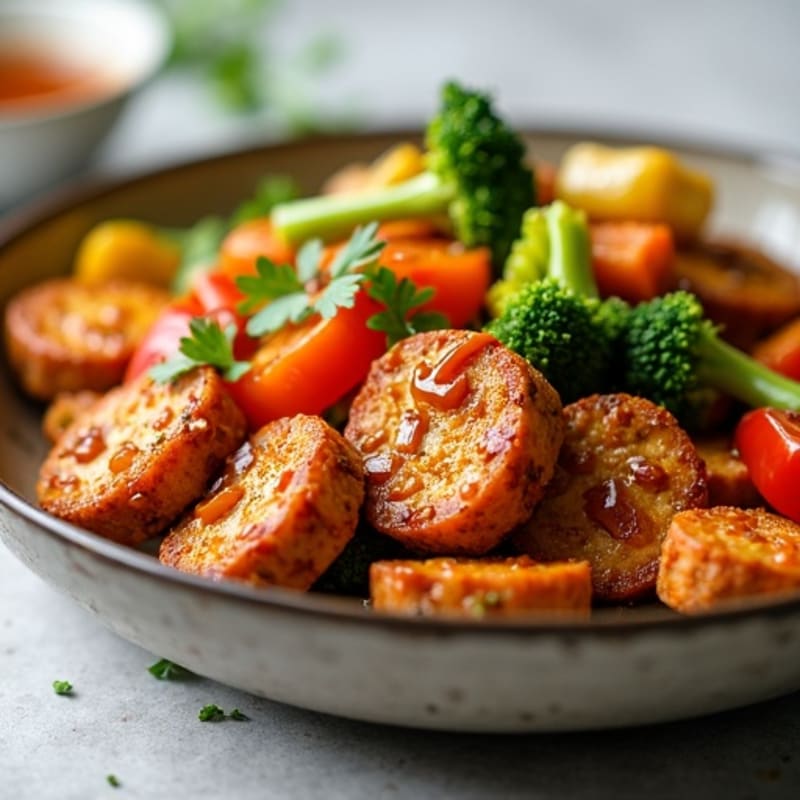 Crispy Maple Glazed Tempeh with Fresh Vegetable Stir-Fry