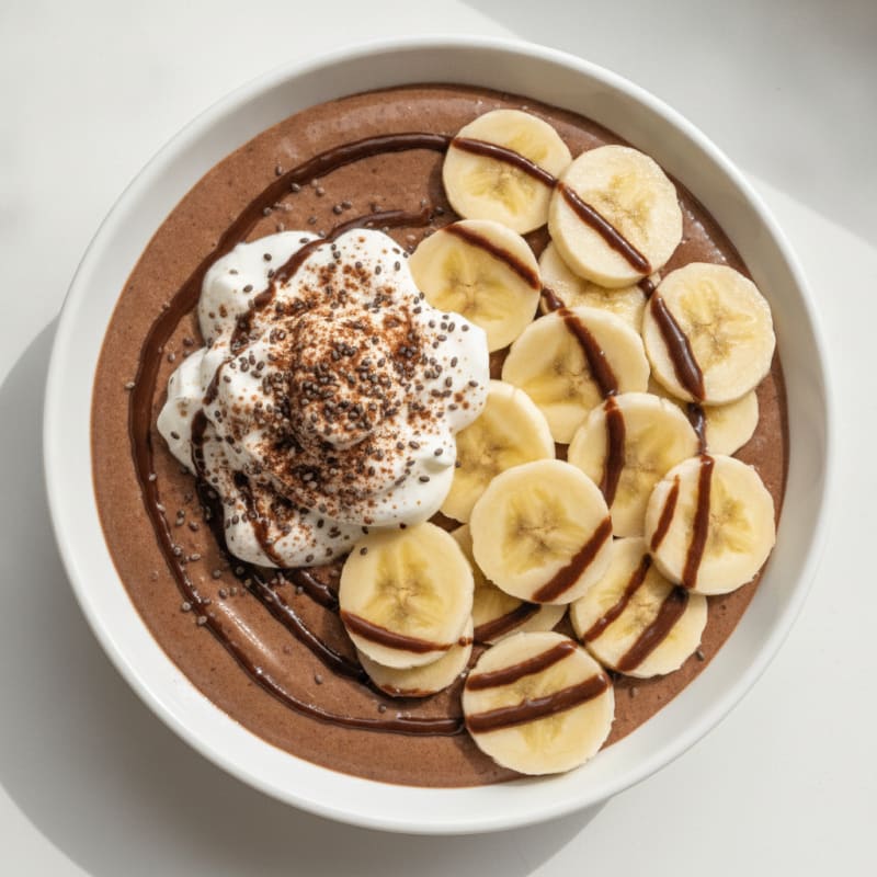 Chocolate Protein Pudding with Chia Seeds and Sliced Bananas