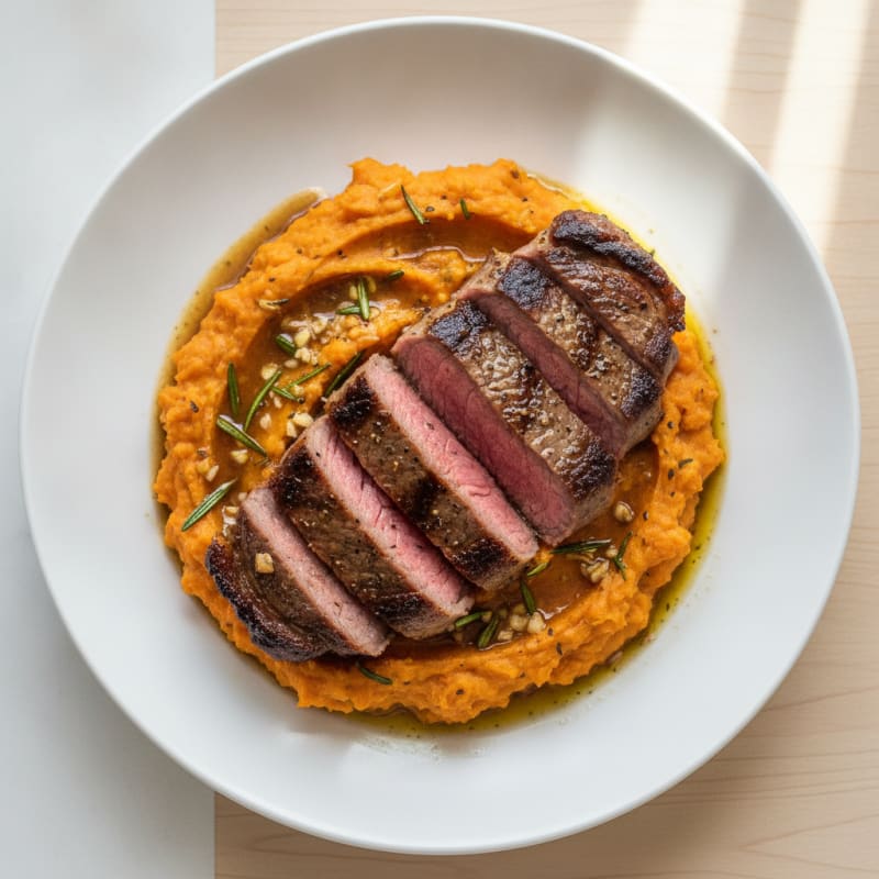 Seared Beef Steak with Herb Sweet Potato Mash