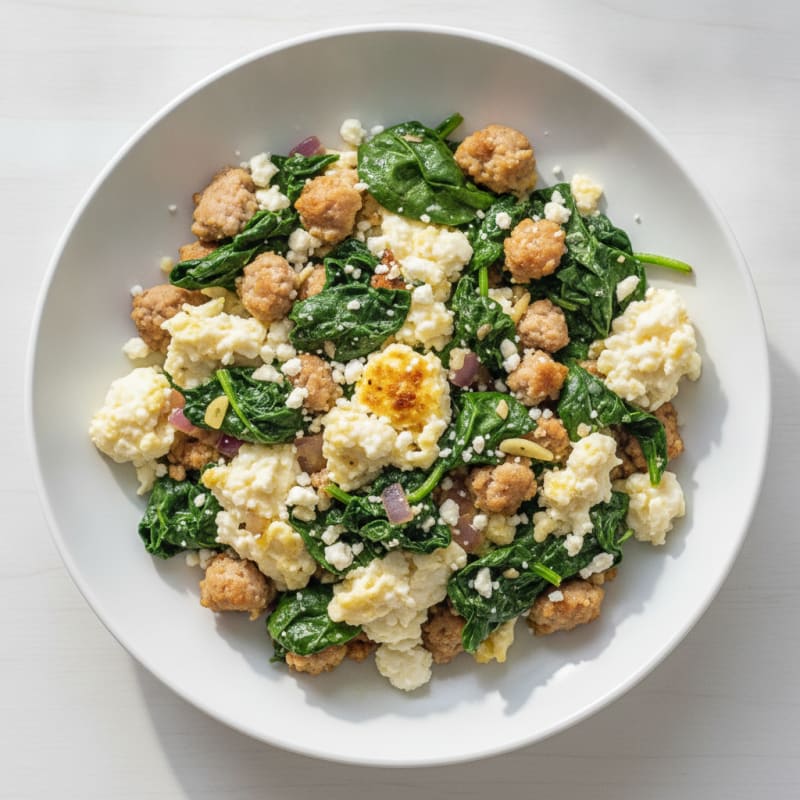 Egg White and Turkey Sausage Scramble with Sautéed Spinach