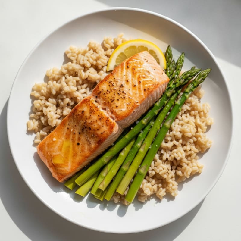 Seared Salmon with Steamed Asparagus and Brown Rice