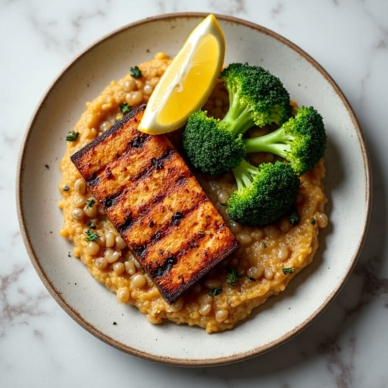 Grilled Tempeh with Roasted Broccoli and Lentil Mash