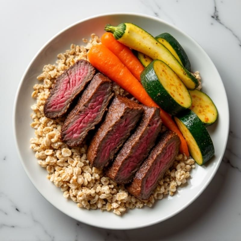Seared Lean Beef Strips with Roasted Vegetables and Oat Pilaf