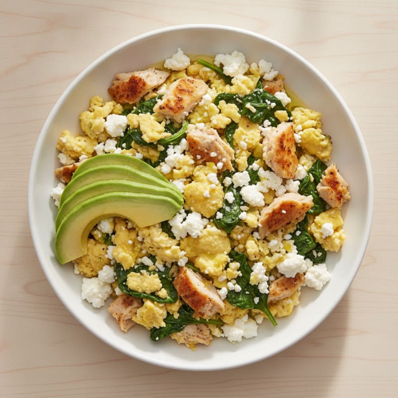 Cottage Cheese Egg Scramble with Spinach and Roasted Turkey