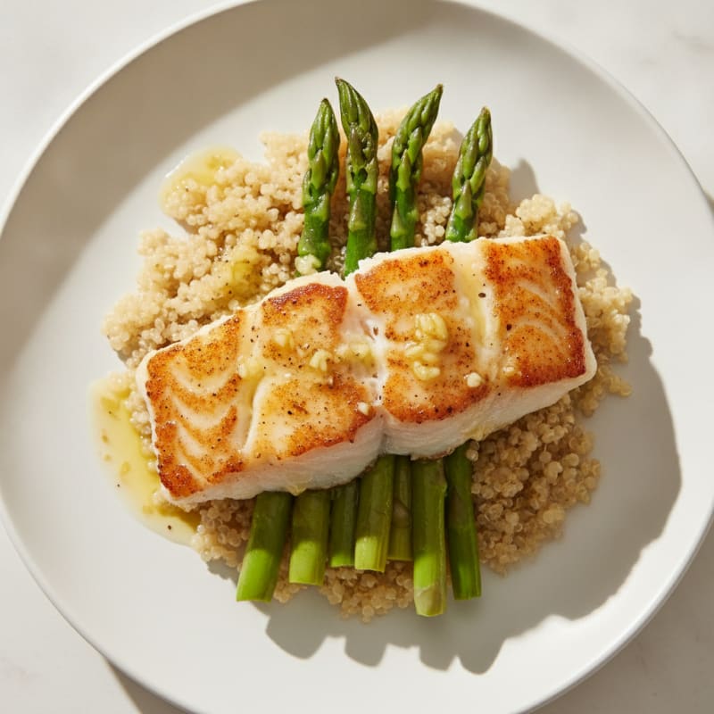 Seared White Fish with Steamed Asparagus and Quinoa