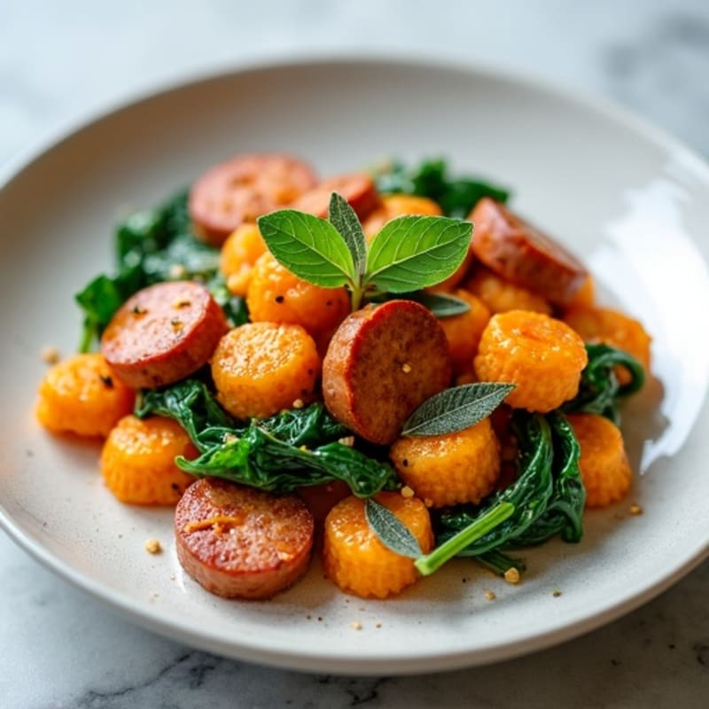 Pan-Seared Sweet Potato Gnocchi with Crispy Sage, Spinach, and Lean Chicken Sausage