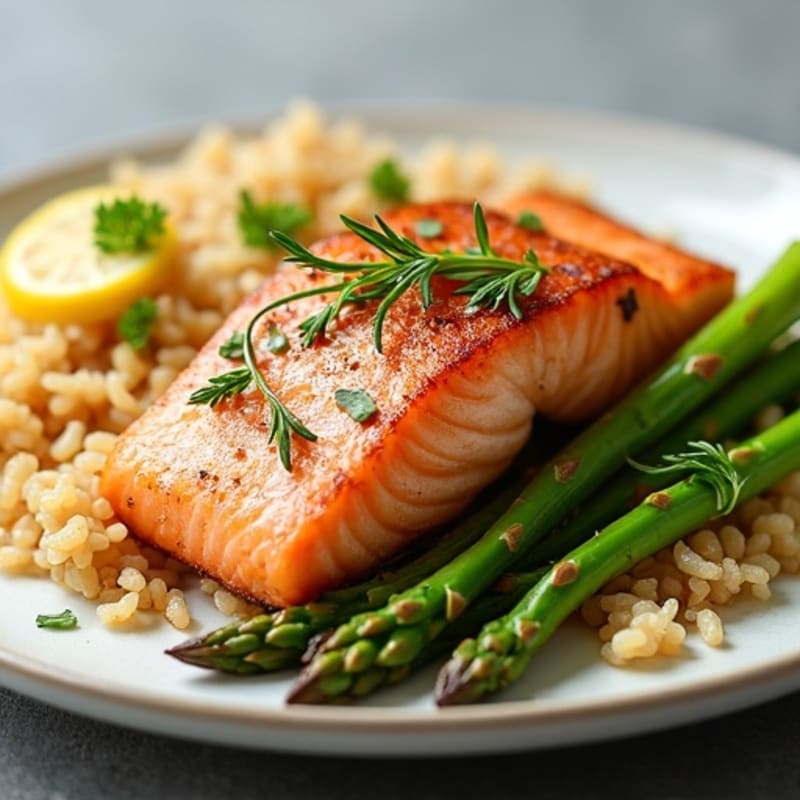Seared Salmon with Lemon-Garlic Asparagus and Brown Rice