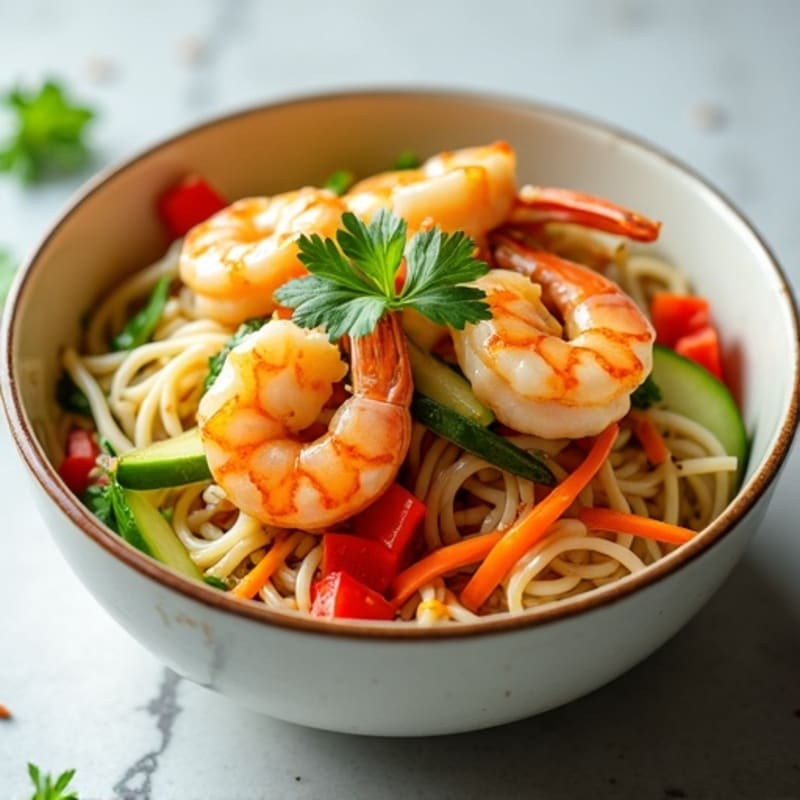 Shrimp with Savory Peanut Rice Noodles and Crisp Vegetables