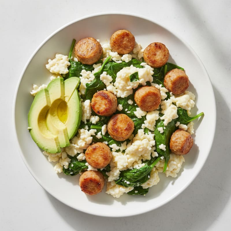 Crispy Turkey Sausage and Egg White Scramble with Sautéed Spinach