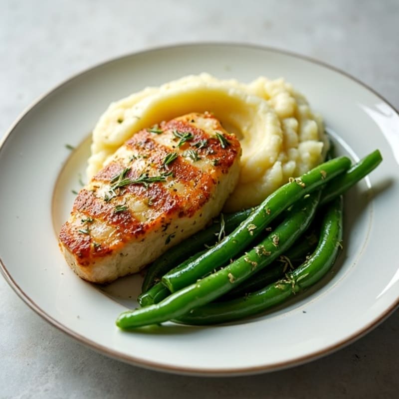 Herb-Roasted Chicken with Creamy Garlic Mashed Potatoes and Crisp Green Beans