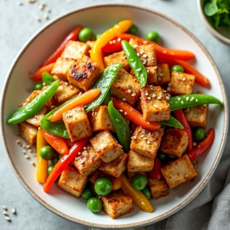 Crispy Sesame-Ginger Tofu with Rainbow Vegetables