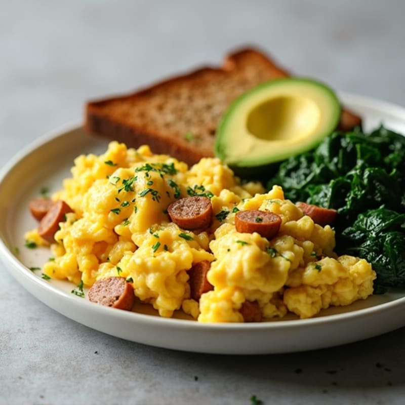 Egg White and Turkey Sausage Scramble with Sautéed Spinach