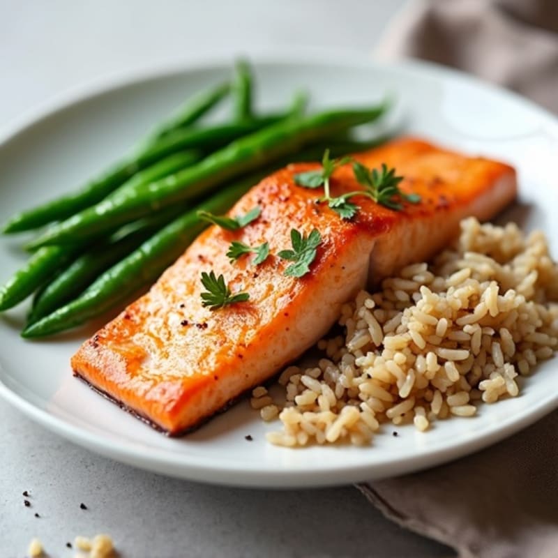 Pan-Seared Salmon with Garlic Green Beans and Brown Rice