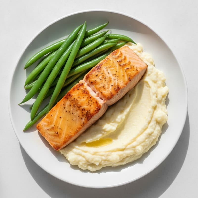 Seared Salmon with Steamed Green Beans and Cauliflower Mash