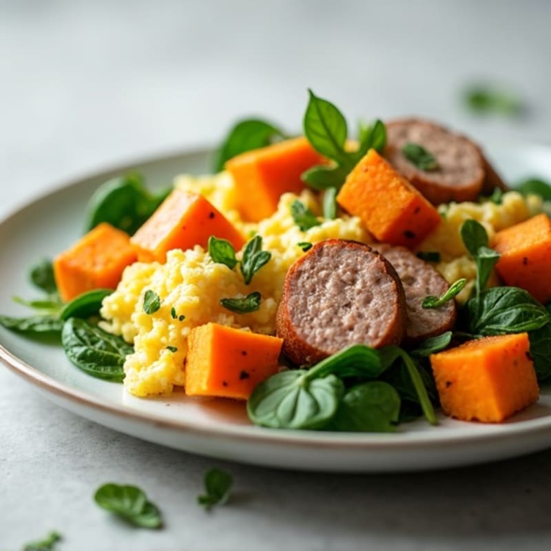 Egg White and Turkey Sausage Scramble with Spinach and Roasted Sweet Potato
