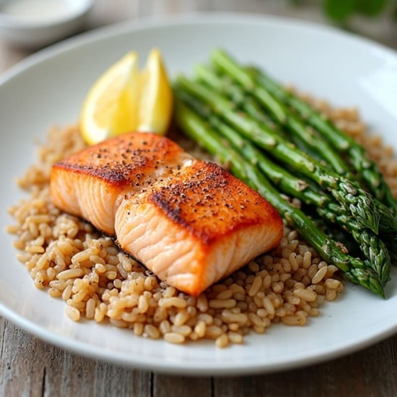 Seared Salmon with Steamed Asparagus and Brown Rice