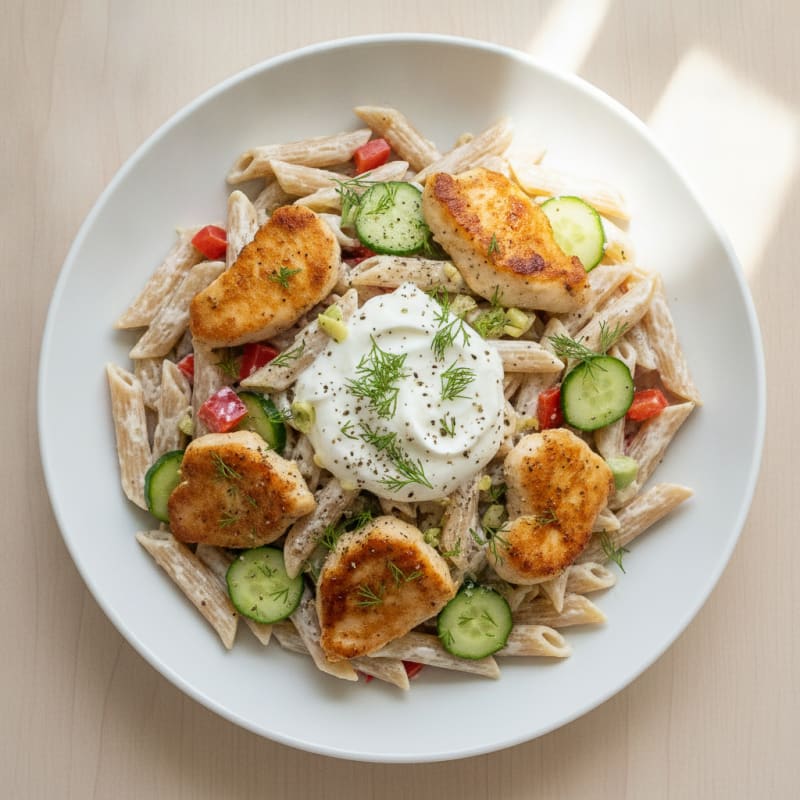 Mediterranean Chicken Pasta with Creamy Yogurt Sauce