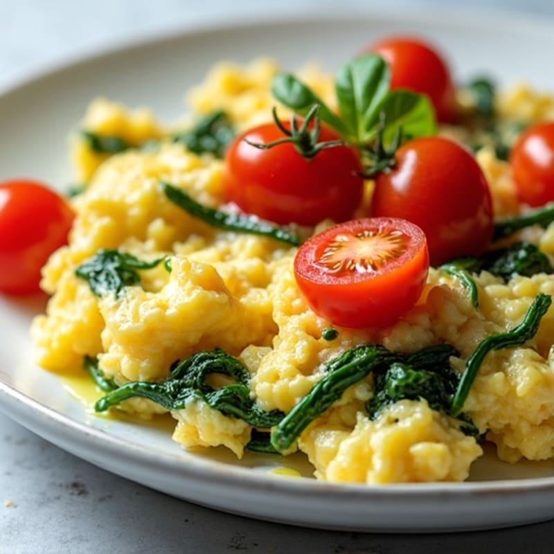 Cottage Cheese Egg White Scramble with Spinach and Cherry Tomatoes