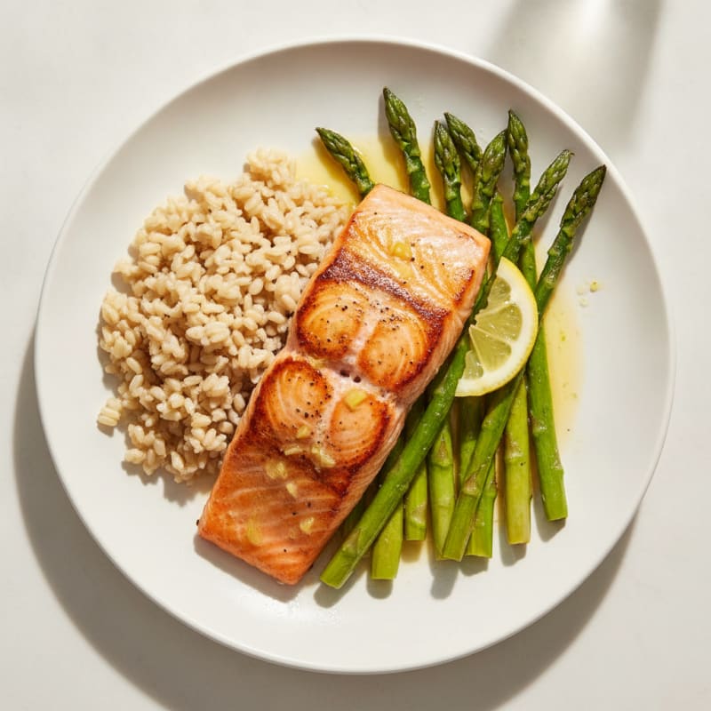 Seared Salmon Fillet with Roasted Asparagus and Brown Rice