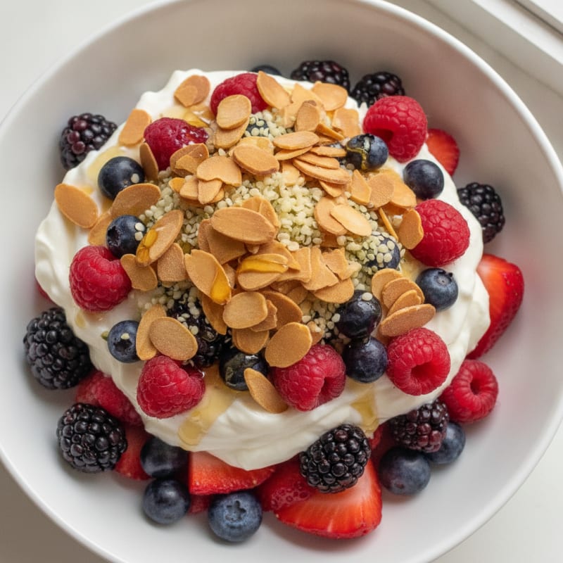 Greek Yogurt Protein Parfait with Mixed Berries and Almonds