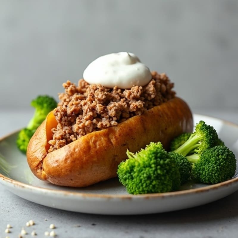 Crispy Baked Potato with Lean Ground Turkey, Steamed Broccoli, and Creamy Greek Yogurt Topping