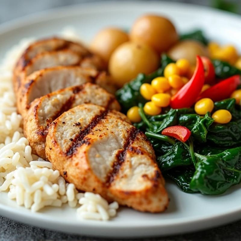 Grilled Chicken with Roasted Red Pepper, Corn, and Fresh Spinach, alongside Creamy Slow Cooker Potatoes and Rice