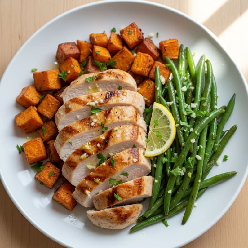 Seared Turkey Breast with Roasted Sweet Potato and Green Beans
