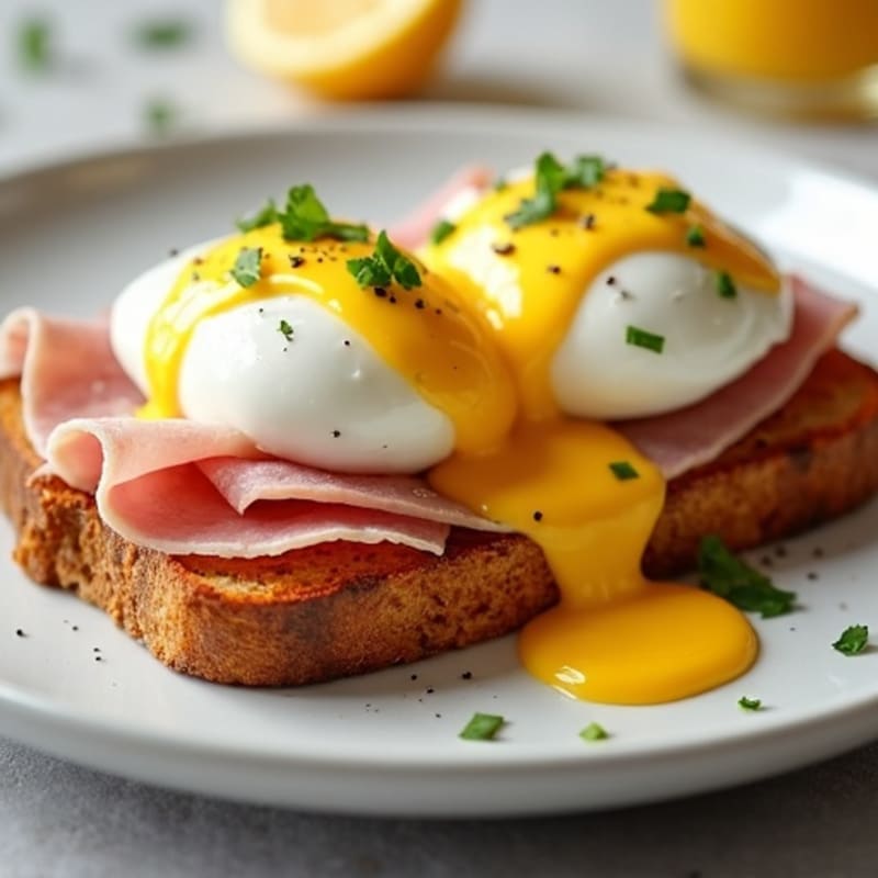 Poached Eggs with Lean Ham and Creamy Greek Yogurt Hollandaise on Whole Grain Toast