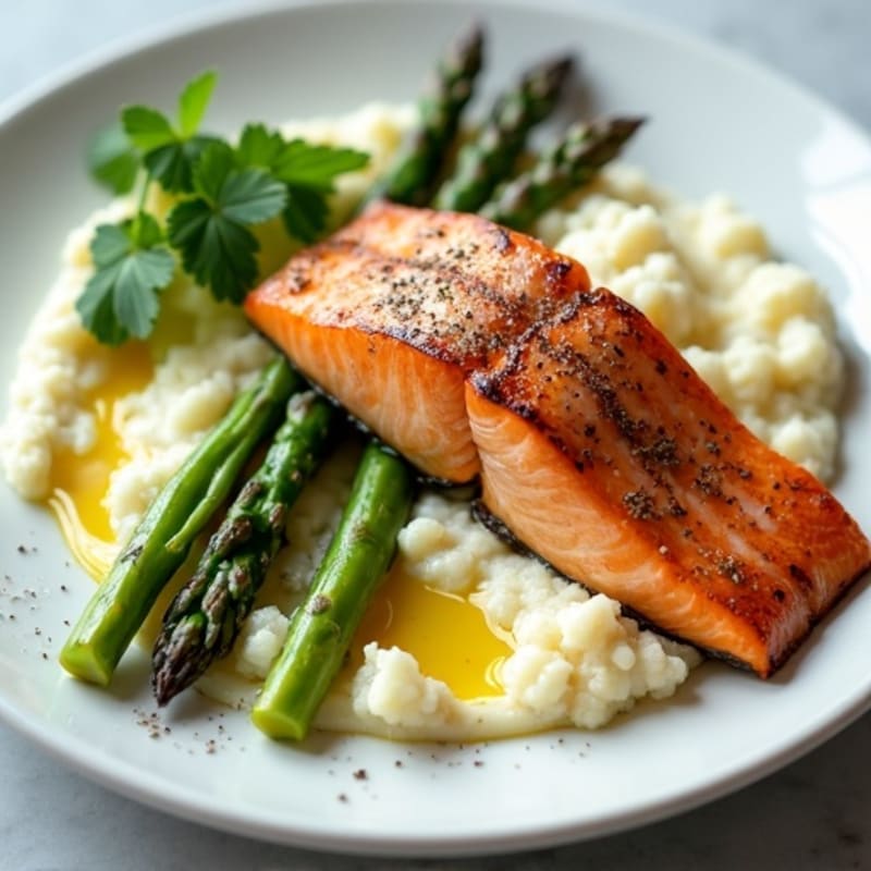 Seared Salmon with Steamed Asparagus and Cauliflower Mash