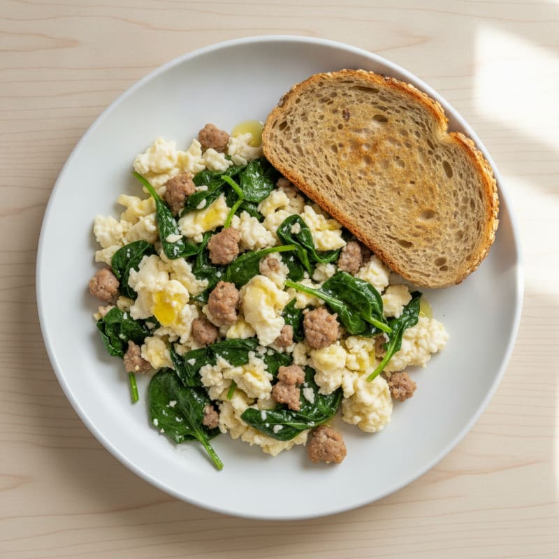 Egg White Scramble with Turkey Sausage and Sautéed Spinach