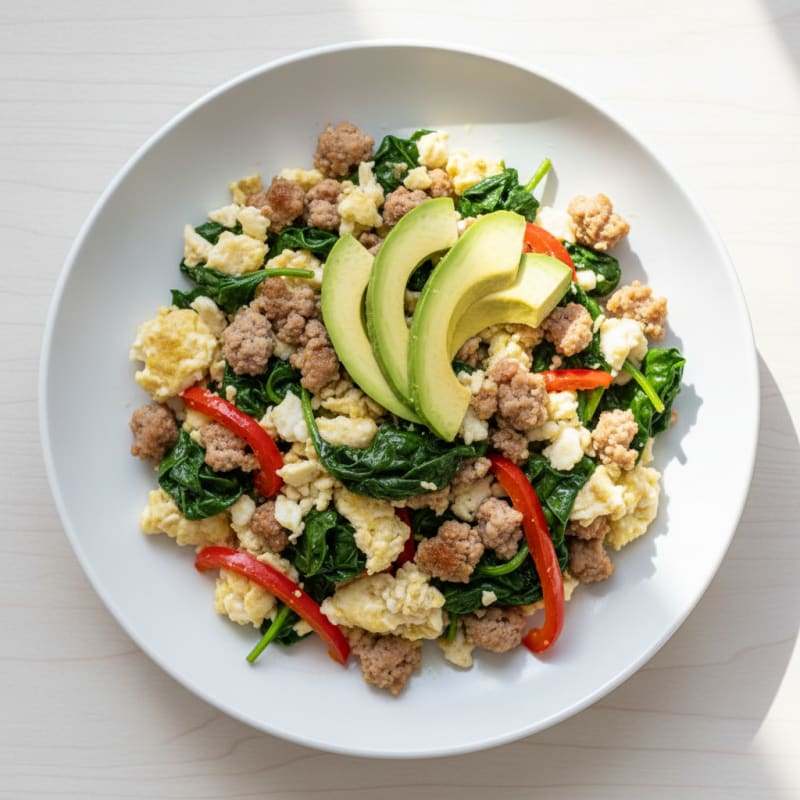 Egg White Scramble with Turkey Sausage and Sautéed Spinach