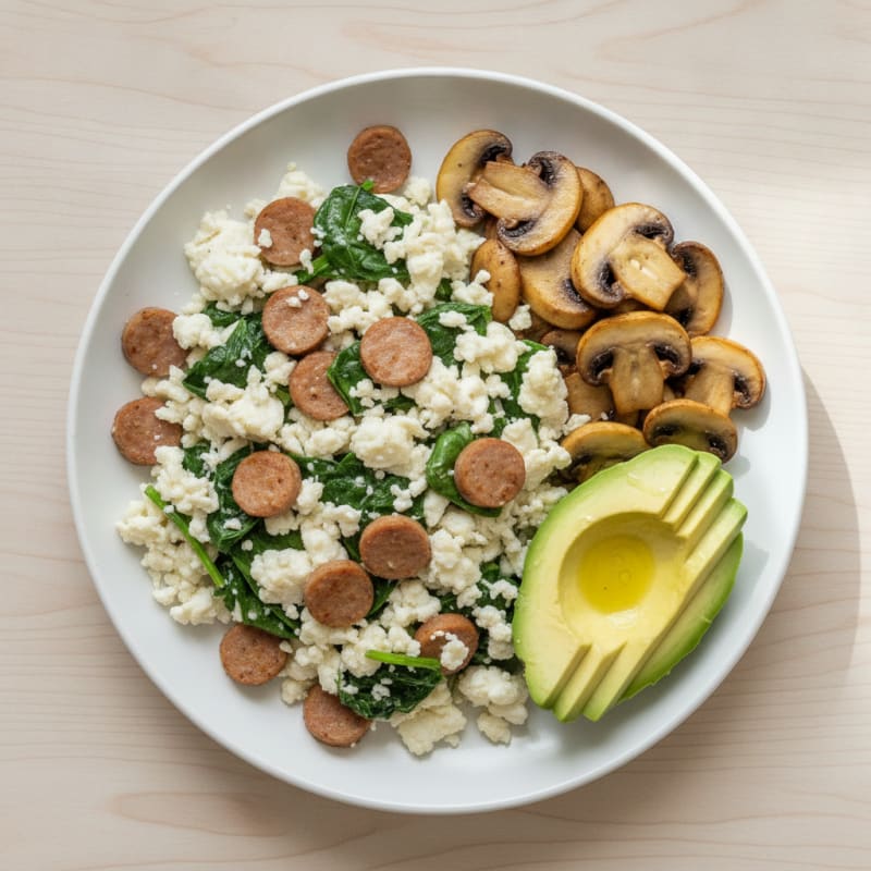 Egg White Spinach Scramble with Turkey Sausage and Sautéed Mushrooms