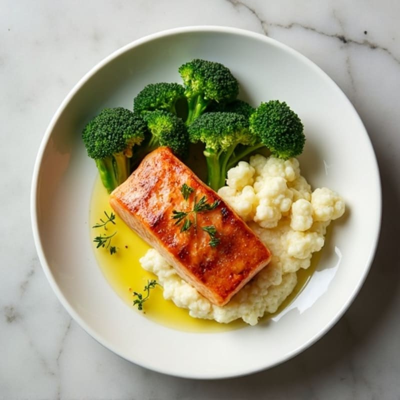 Seared Salmon with Steamed Broccoli and Garlic Mashed Cauliflower