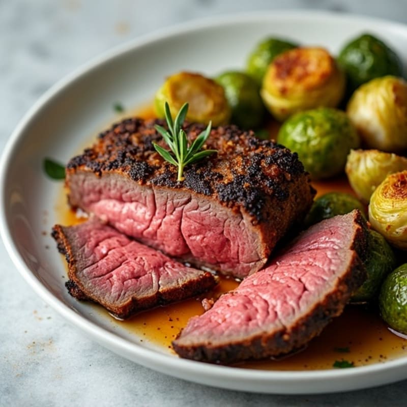 Garlic Herb Roasted Beef with Crispy Brussels Sprouts