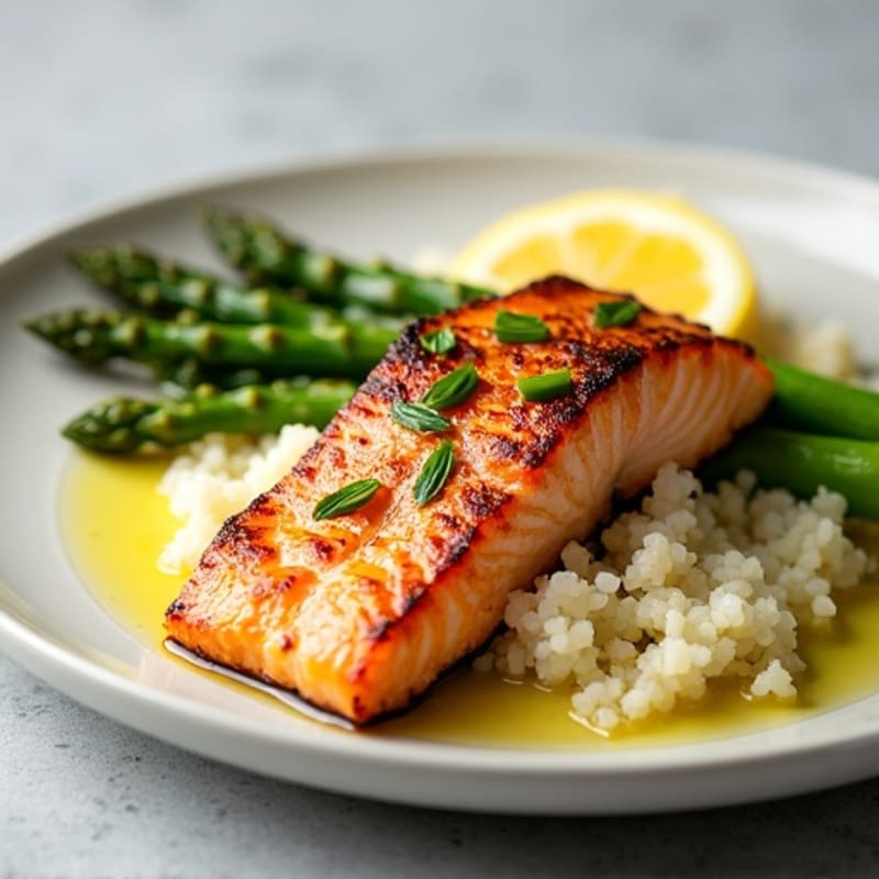 Seared Salmon with Roasted Asparagus and Cauliflower Rice