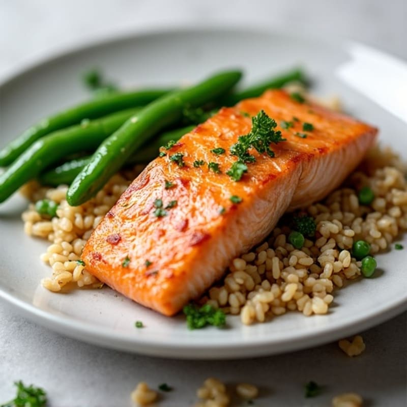 Seared Salmon with Garlic Green Beans and Brown Rice