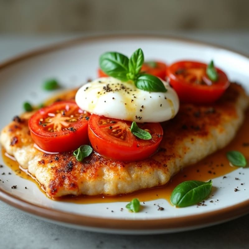 Crispy Chicken with Roasted Tomatoes, Melted Mozzarella, and Fresh Basil