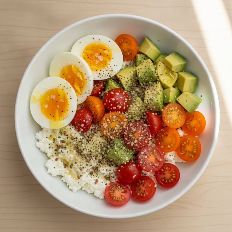 Cottage Cheese Avocado Tomato Egg Bowl