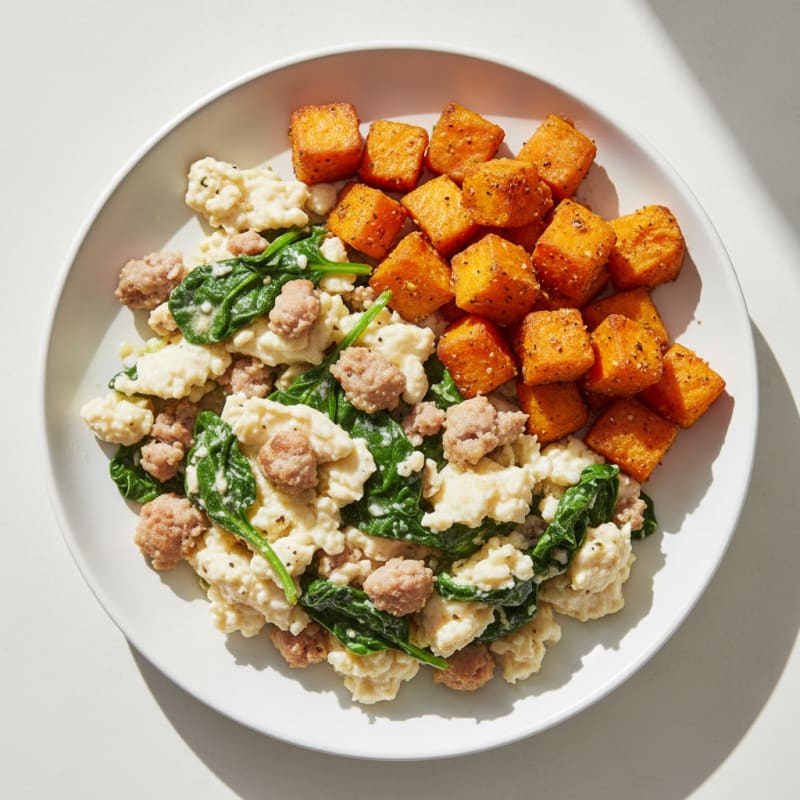 Egg White and Turkey Sausage Scramble with Spinach and Roasted Sweet Potato