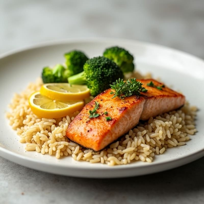 Seared Salmon with Steamed Broccoli and Lemon Brown Rice